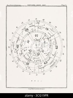 Mappa delle stelle antiche, illustrazione astronomica tratta da un libro su carte celesti che mostra stelle, luna e caratteristiche planetarie. New York, 1892 Foto Stock