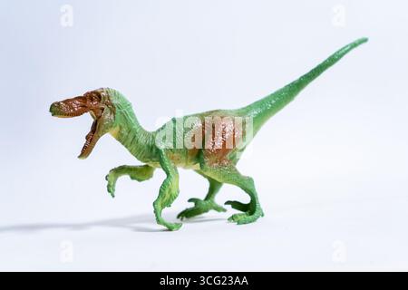 Giocattolo di dinosauro velociraptor in plastica che scorre su uno sfondo bianco senza cuciture Foto Stock