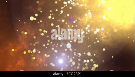 Cerchi luminosi vorticosi e particelle di luce bokeh che fluttuano nello spazio cosmico, tema di luce astratto Foto Stock