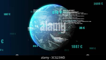 Visualizzazione del globo terrestre digitale che ruota nel pannello 3D, con sovrapposizioni di codice e valuta della temperatura Foto Stock