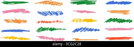 Set di scarabocchi colorati e luminosi per bambini. Collezione colorata di pasta sfoglia e strisce in pastello. Elementi delle pennellate a carbone grezzo disegnati a mano. Matita pastello riccia, ondulata, con tratti di coccodrillo. Vettore Illustrazione Vettoriale