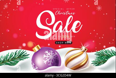 Sconti natalizi Clipart con sfondo rosso, design innevato e decorazioni natalizie Illustrazione Vettoriale