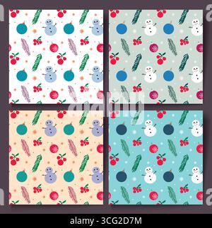 Motivi natalizi senza cuciture con pupazzo di neve, foglie di pino, ornamenti, bacche agrifoglio e gioia natalizia Illustrazione Vettoriale