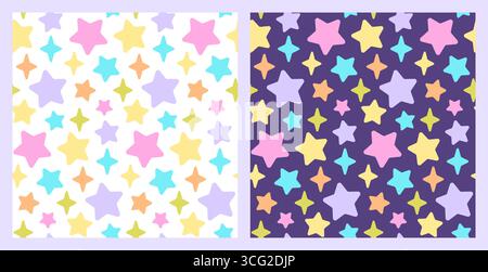 due simpatici motivi senza cuciture con stelle colorate, per compleanni o festivi, disegni per bambini Illustrazione Vettoriale