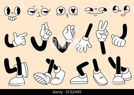 Cartoon Groovy Collection di gambe con sneakers e tubi in gomma retrò, mani con guanti e volti espressivi per uno stile di animazione. Parti di personaggi comici vintage per adesivi o disegni di mascotte. Illustrazione Vettoriale