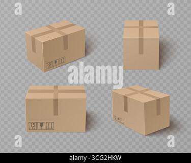 Set di scatole di cartone con nastro sigillato superiore, contenitori di spedizione e simboli di marcatura fragile per l'imballaggio di consegna. Pacchi ondulati marrone. Cartoni per magazzino per attività di logistica o e-commerce Illustrazione Vettoriale
