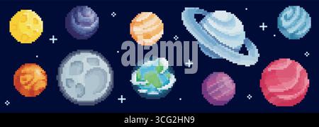 Pianeta spaziale pixel con luna a 8 bit, anelli di Saturno e globo terrestre per un design di gioco cosmico. Corpi celesti colorati, Marte e Giove con stelle. Gli sprite della galassia retrò per un'avventura astronomica. Illustrazione Vettoriale