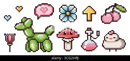 Graziosa icona a forma di pixel con elementi di gioco retrò: Cane a palloncino, ciliegie e funghi, bottiglia di fiori e pozioni, pecore e cuori su sfondo bianco. interfacce digitali nostalgiche a 8 bit o risorse di gioco. Illustrazione Vettoriale