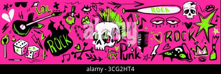 Ribelle punk rock Doodle art con accenti verdi al neon - teschio con mohawk, chitarra e dadi, fulmini e testo graffiti su rosa acido bg. Eleganti elementi disegnati a mano per un poster musicale alternativo Illustrazione Vettoriale
