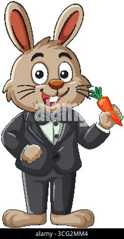 Allegro coniglio cartoni animati in smoking nero con carote, arte vettoriale dalle linee pulite. Illustrazione Vettoriale