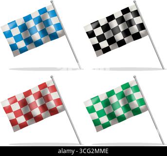 Quattro bandiere a scacchi colorate che sventolano su pali, stile vettoriale, isolate su sfondo bianco Illustrazione Vettoriale