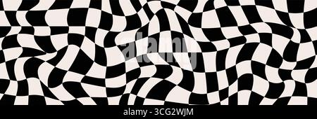 Trippy che scioglie la scacchiera. Sfondo retrò scanalato. Superficie scacchiera ondulata e distorta. Schema ottico psichedelico... Illustrazione Vettoriale