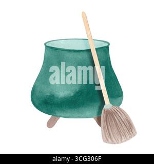 Vecchio calderone rotondo in metallo e scopa di una strega. Illustrazione acquerello disegnata a mano. Una scopa da strega e una pentola per una birra magica, isolata su una ba bianca Foto Stock