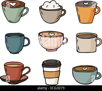 Set di graziose tazze da caffè disegnate a mano, tazze da tè isolate su sfondo bianco. Latte art, cappuccino, espresso. Caffè da asporto. Menu' Cafe' design, caffe' Illustrazione Vettoriale