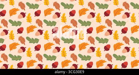Accogliente sfondo autunnale con ghiande e foglie. Vegetazione naturale senza cuciture della foresta autunnale. Stampa autunnale per tessuti, tessuti, carta, design, vettoriale Illustrazione Vettoriale