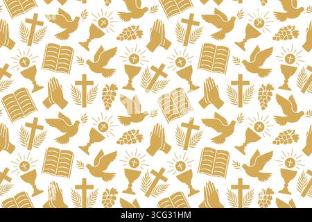 motivo dorato senza cuciture con icone della religione cristiana: calice, uva, mani di preghiera, colomba con ramoscello d'oliva, incrocio con foglie di palma e bibbia - vettoriale Illustrazione Vettoriale