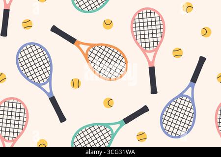 racchette e palle da tennis colorate e senza cuciture; perfette per tessuti a tema sportivo, abbigliamento per bambini, carte da parati, carta da imballaggio o stile di vita attivo Illustrazione Vettoriale