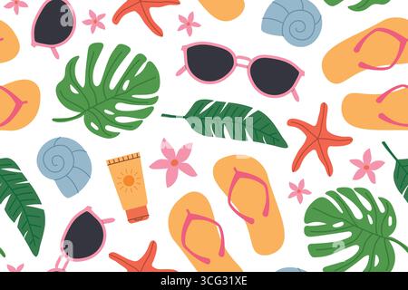 motivo estivo senza cuciture con foglie di palma verdi; infradito, crema solare, occhiali da sole, conchiglie marine, stelle marine e fiori - illustrazione vettoriale Illustrazione Vettoriale