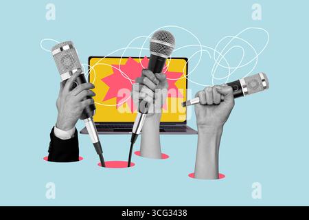 grafica di tendenza collage di banner di sketch 3d di un laptop, microfono, postazioni di lavoro corrispondenti, reportage, podcast di streaming Foto Stock