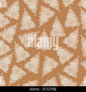 Modello vettoriale vintage dell'albero di Natale. Pini di Capodanno su sfondo dorato con stelle. Motivo retrò natalizio. Natale vintage. Illustrazione vettoriale. Illustrazione Vettoriale