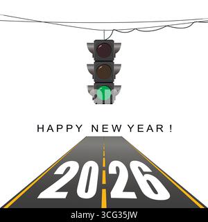 Biglietto di auguri di Capodanno. Semaforo 2026, semaforo verde. Illustrazione Vettoriale