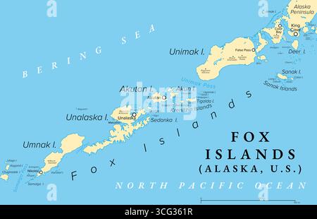 Fox Islands, Alaska, Stati Uniti, mappa politica. Gruppo di isole nelle Isole Aleutine, ad est del passo Samalga. Foto Stock