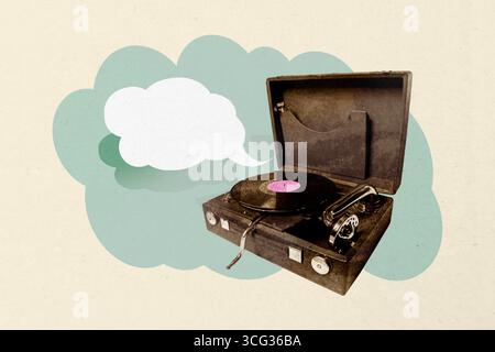 Banner grafica 3d completo collage creativo di dispositivi retrò comunicazione bolla dialogo vocale conversazione fotocamera disco vinile radio Foto Stock