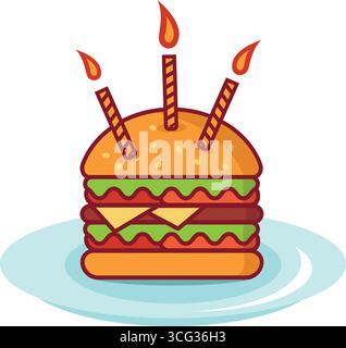 Hamburger di compleanno con candele, illustrazione vettoriale hamburger su sfondo bianco semplice illustrazione dell'elemento, biglietto d'auguri hamburger per il compleanno Illustrazione Vettoriale