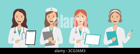 Gruppo di medici e infermiere su sfondo blu, illustrazione piatta. Set di icone degli avatar medici. Concetto di assistenza sanitaria. Personale medico Illustrazione Vettoriale