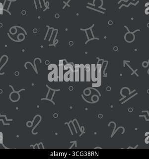 segni zodiacali isolati su sfondo nero, motivo geometrico senza cuciture, illustrazione piatta. Sfondo astrologico con segni zodiacali per il web. Zodiaco Illustrazione Vettoriale