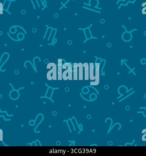 Segni zodiacali su sfondo blu, motivo geometrico senza cuciture, illustrazione piatta. Sfondo astrologico con segni zodiacali per il web. Illustrazione Vettoriale