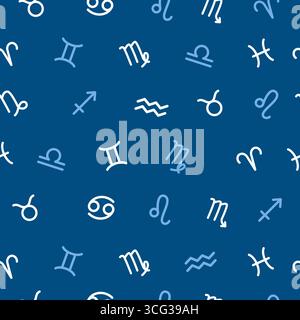 Segni zodiacali su sfondo blu, motivo senza cuciture, illustrazione piatta vettoriale. Sfondo astrologico con segni zodiacali Illustrazione Vettoriale