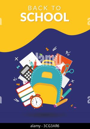 Ritorno al concetto di scuola. Esperienze scolastiche. Zaino, libri, matite, lente di ingrandimento, sveglia, libri, calcolatrice. sfondo semplice per poster e copertina Illustrazione Vettoriale