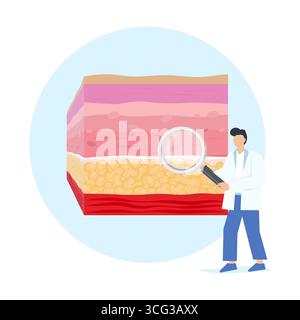 Strati di pelle. Un medico con una lente d'ingrandimento esamina gli strati della pelle Illustrazione Vettoriale