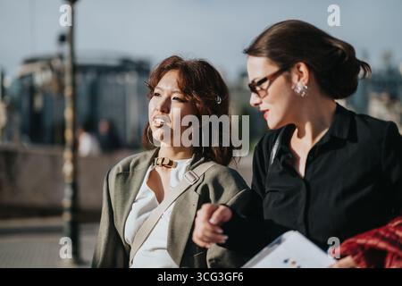 Donne professionali impegnate in una vivace discussione di lavoro all'aperto Foto Stock