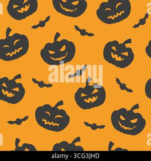 Halloween senza cuciture con zucche e pipistrello. Silhouette di zucca con volti su sfondo arancione. Illustrazione Vettoriale