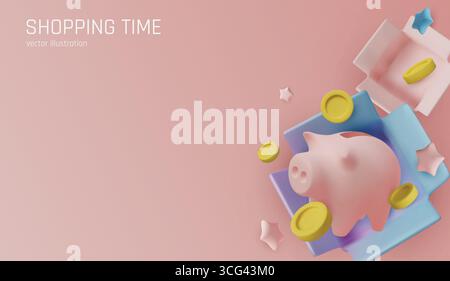 Salvadanaio 3D con monete e stelle su sfondo rosa, che rappresenta un risparmio di denaro, lo shopping di regali e la crescita finanziaria. Illustrazione Vettoriale
