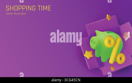 Salvadanaio 3D con monete e stelle su sfondo rosa, che rappresenta un risparmio di denaro, lo shopping di regali e la crescita finanziaria. Illustrazione Vettoriale