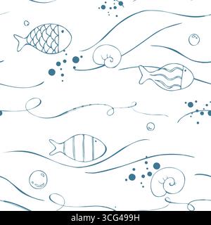 Pesci lineari, bolle e correnti fluenti disegnati come contorni delicati su campo bianco. Illustrazione grafica a linee di inchiostro disegnata a mano. Motivo senza cuciture per un ambiente ecocompatibile Illustrazione Vettoriale