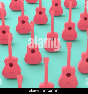 Pattern senza cuciture di chitarre acustiche rosse su sfondo azzurro in colori pastello. Concetto di minimalismo. rendering 3d. Foto Stock