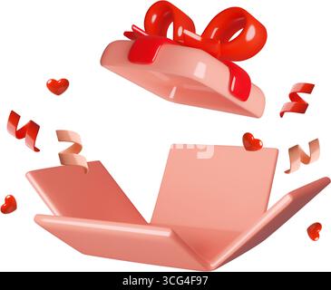 Confezione regalo realistica 3d rosa aperta con fiocco rosso e spazio vuoto all'interno isolato su sfondo bianco Illustrazione Vettoriale