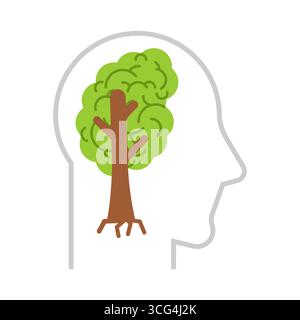 Silhouette della testa umana con albero all'interno. Illustrazione vettoriale sull'ecologia, il pensiero verde, la consapevolezza ambientale, lo stile di vita sostenibile e l'armonia Illustrazione Vettoriale