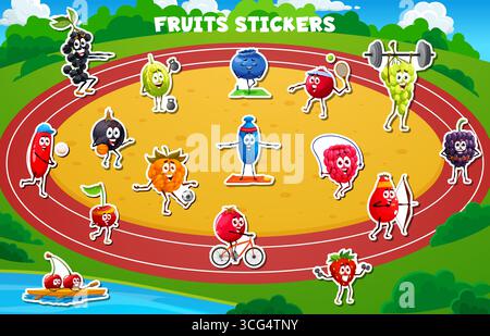 Personaggi di frutta cartoni animati sul pacchetto di adesivi sportivi fitness. Atleti di frutta vettoriale e frutti di bosco con divertenti allenamenti volti, sollevamento pesi corsa, ciclismo, pugilato, tiro con l'arco, fare yoga ed esercizi in palestra Illustrazione Vettoriale