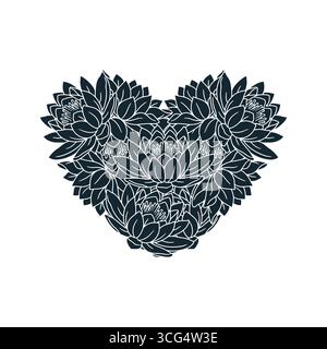 Cornice a forma di cuore disegnata a mano con fiori di loto rosa monocromatici Illustrazione Vettoriale