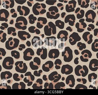 Stampa leopardata. Ripetizione continua vettoriale. Sfondo pelle animale con macchie nere e marroni sullo sfondo beige. Texture astratta esotica per safari. Jaguar, l Illustrazione Vettoriale