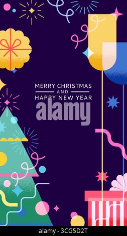 Striscione verticale Vector per festività natalizie con albero di Natale, regali, bicchieri da champagne. Elementi di design per inviti alla festa, biglietti di auguri, social Illustrazione Vettoriale
