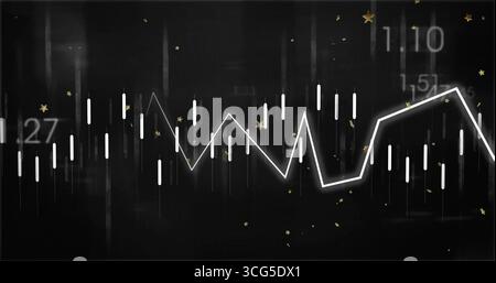 Mostra la linea di tendenza a zig-zag bianca sul cruscotto scuro con barre di candele, personaggi e stelle dorate Foto Stock