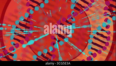 Catene molecolari irradiate nell'arte digitale, con gocce turchesi, nodi magenta, magenta maglie Foto Stock