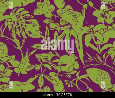 Sfondo Botanical Tropical Sketch con palme e foglie di Monstera in stile line art. Illustrazione vettoriale disegnata a mano. Tropical Seamless S Illustrazione Vettoriale