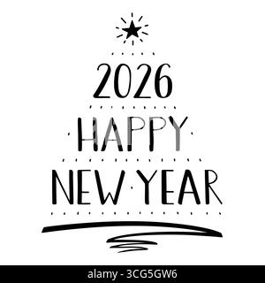 2026 Happy New Year scritte a mano, moderna calligrafia con inchiostro a spazzola. Un albero di Natale è composto da numeri, testo, penne e stelle. Illustrazione Vettoriale